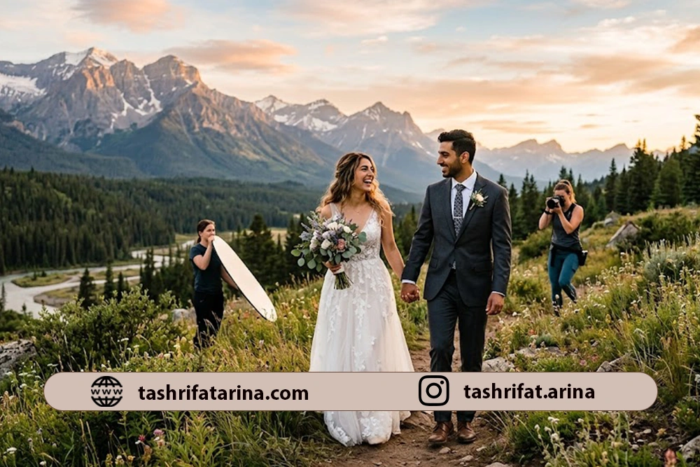 عروس و داماد در حال عکاسی در طبیعت